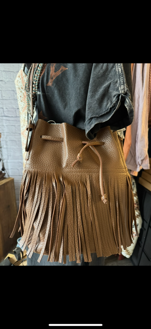 Light Brown Western Fringe Bucket Bag