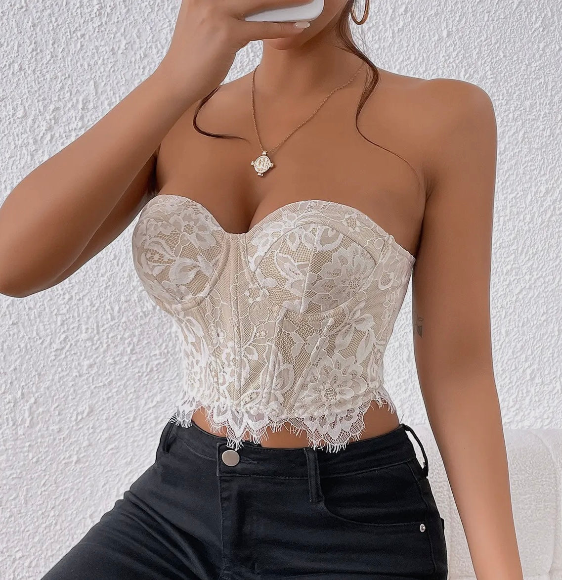 White/tan lace corset