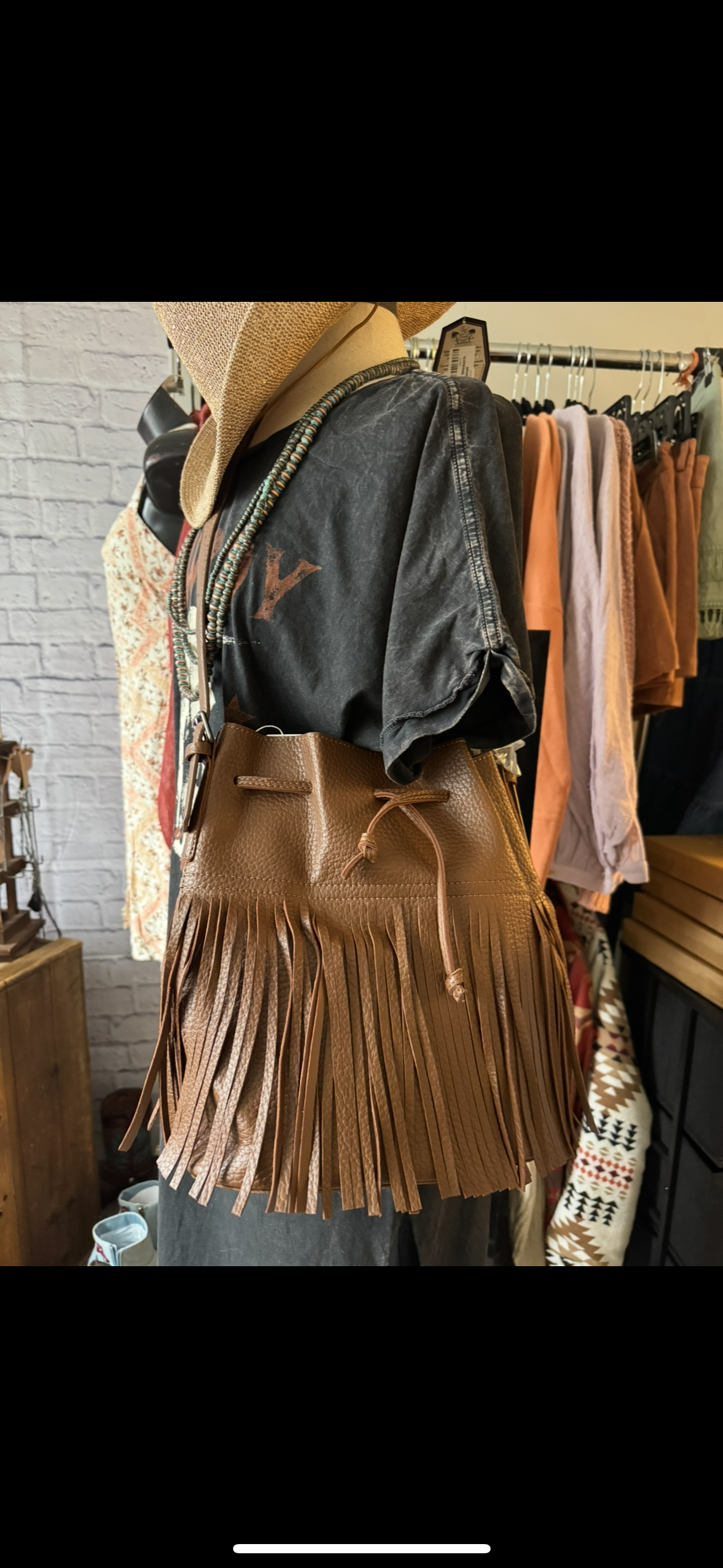 Light Brown Western Fringe Bucket Bag