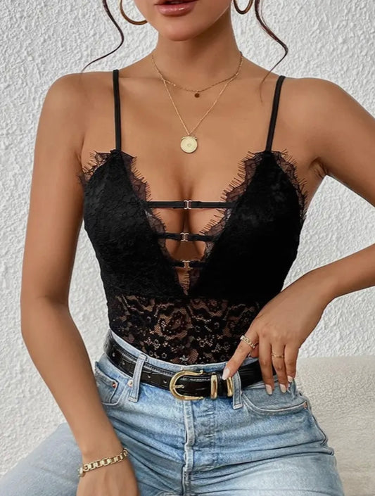 Black lace tank bodysuit